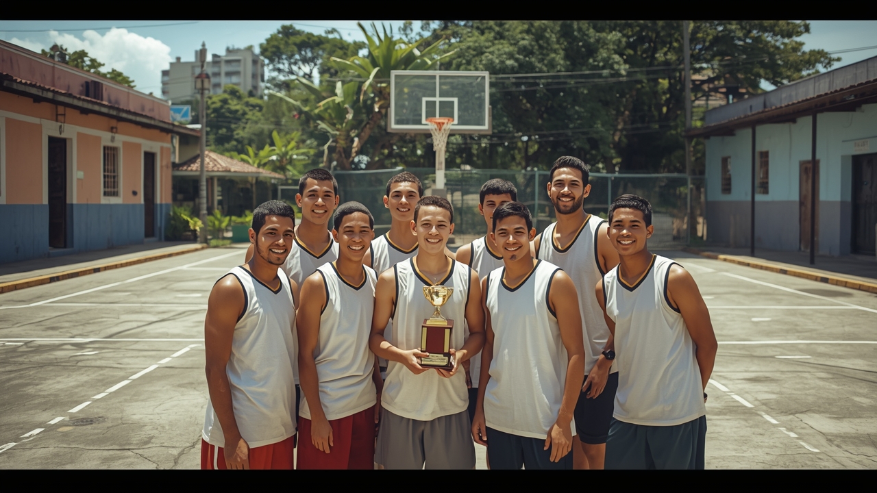 Joyful winners pose with trophy after Salesianas Basketball Cup