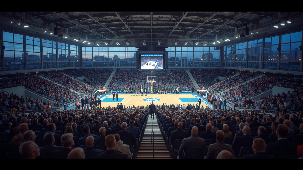 European basketball court at dusk